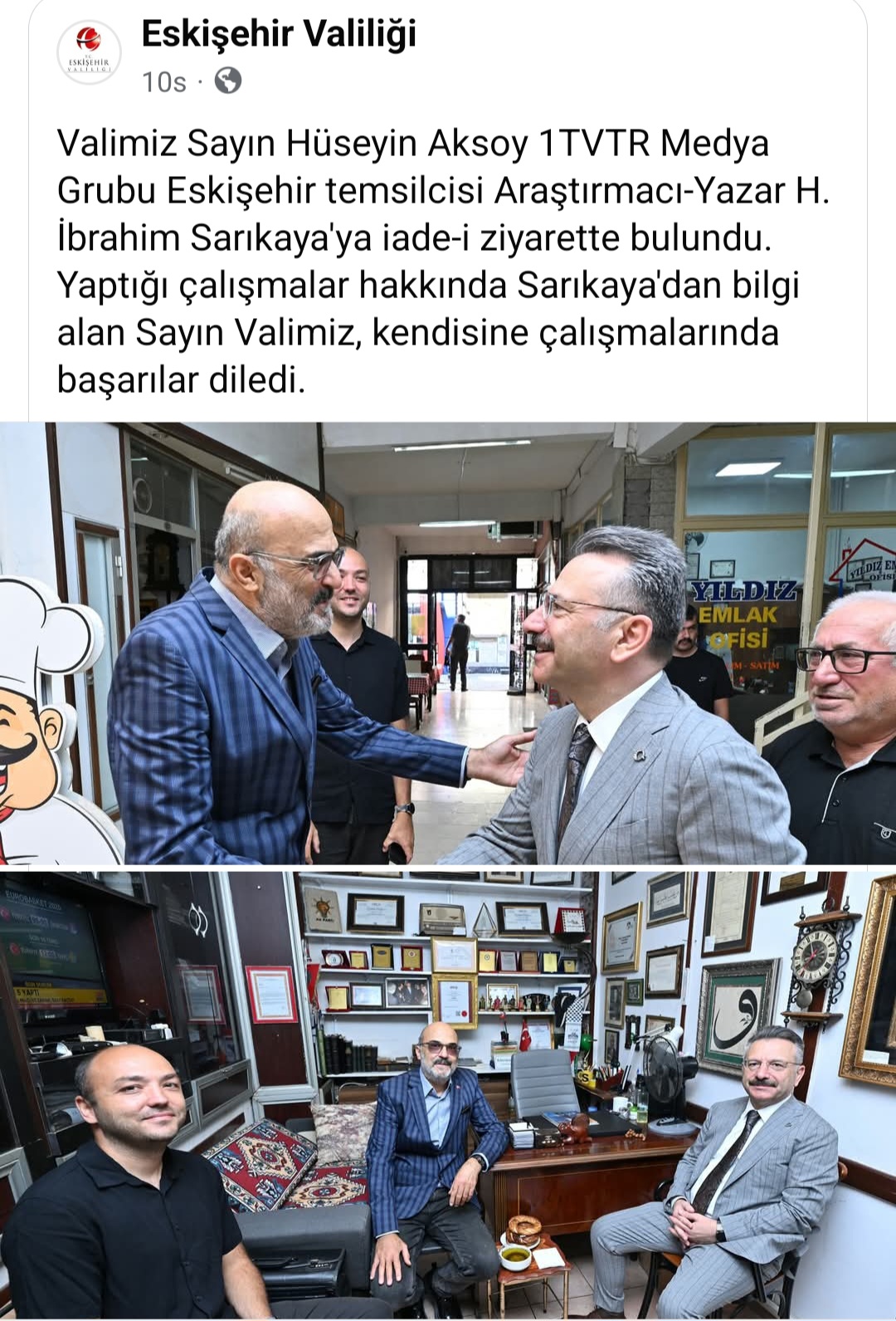 Eskişehir Valisi Sn Hüseyin Aksoy 1TVTR Eskişehir temsilcisi Araştırmacı-Yazar H. İbrahim Sarıkaya'yı ziyaret etti.